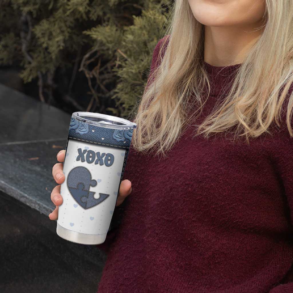 Personalized XOXO Valentine's Day Tumbler Cup Pieces Of The Heart Old Denim Fabric Effect
