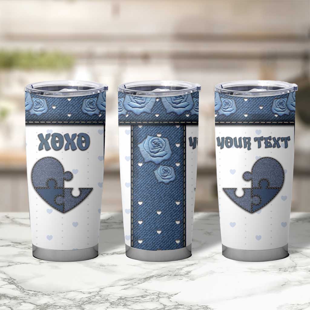 Personalized XOXO Valentine's Day Tumbler Cup Pieces Of The Heart Old Denim Fabric Effect