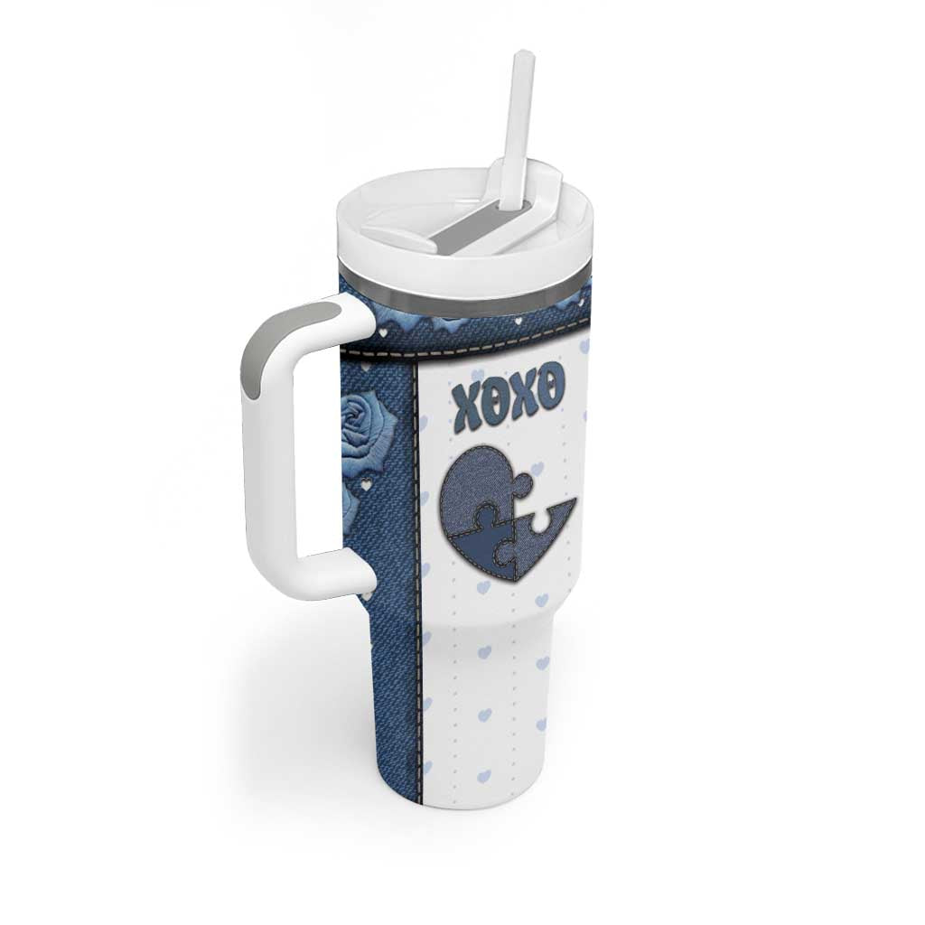 Personalized XOXO Valentine's Day Tumbler With Handle Pieces Of The Heart Old Denim Fabric Effect