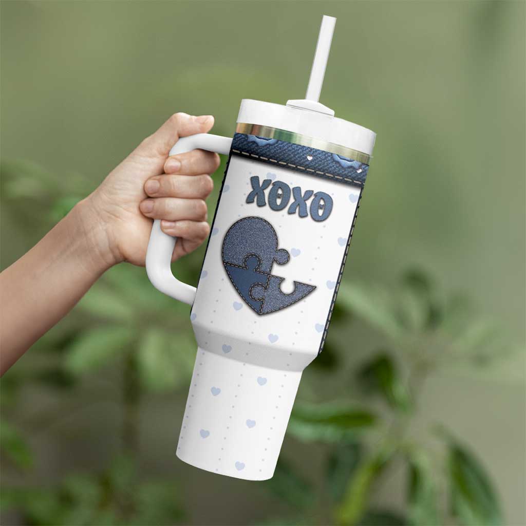 Personalized XOXO Valentine's Day Tumbler With Handle Pieces Of The Heart Old Denim Fabric Effect