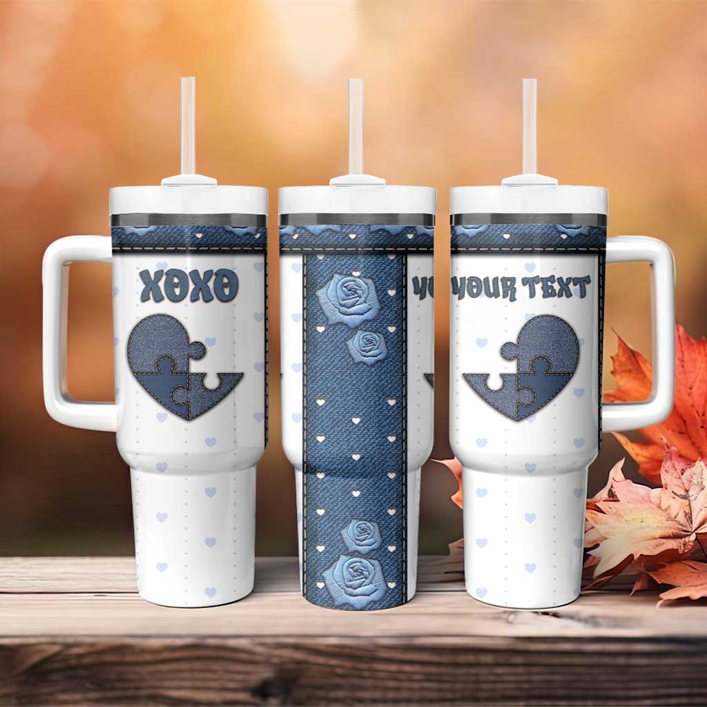 Personalized XOXO Valentine's Day Tumbler With Handle Pieces Of The Heart Old Denim Fabric Effect