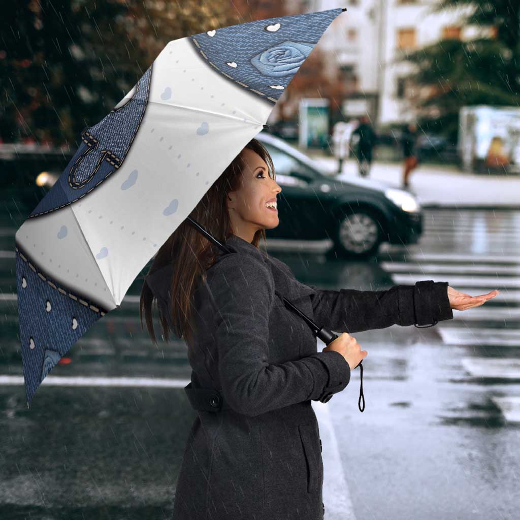XOXO Valentine's Day Umbrella Pieces Of The Heart Old Denim Fabric Effect