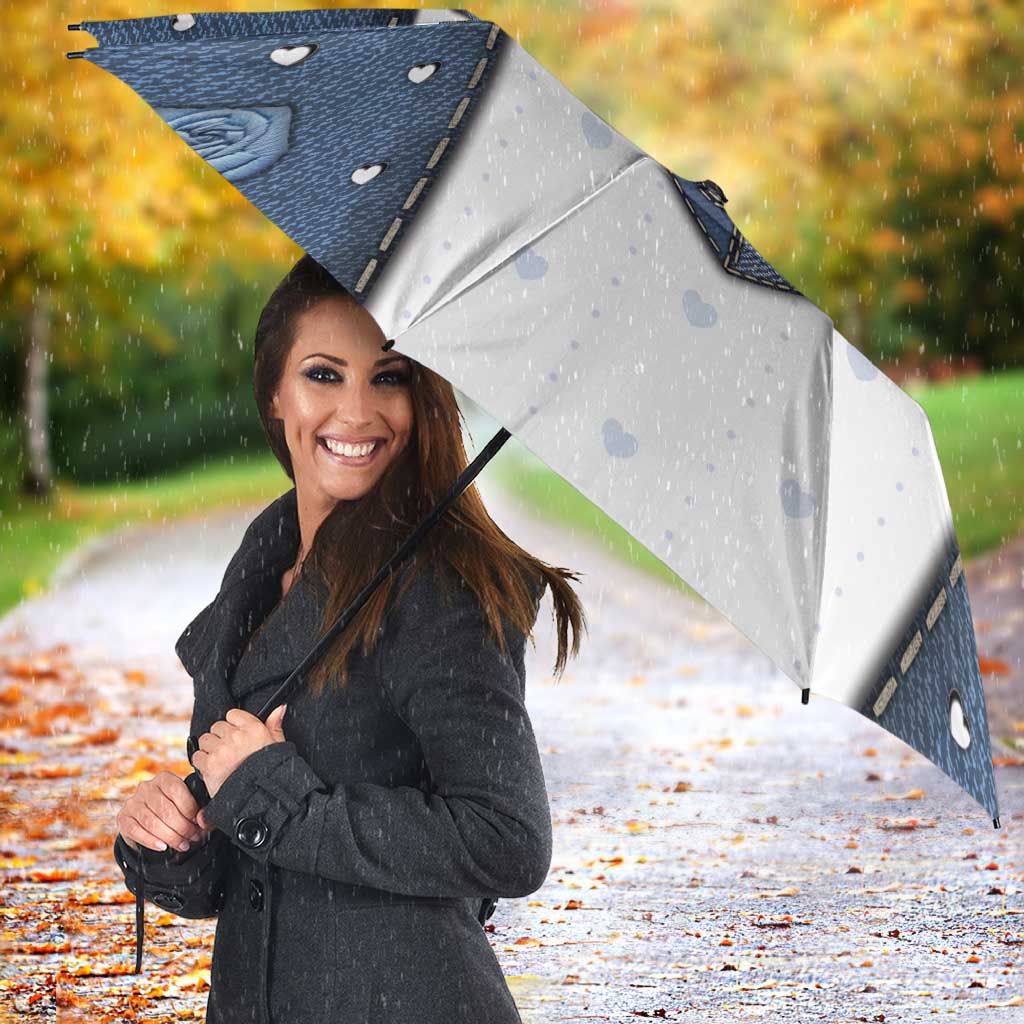 XOXO Valentine's Day Umbrella Pieces Of The Heart Old Denim Fabric Effect