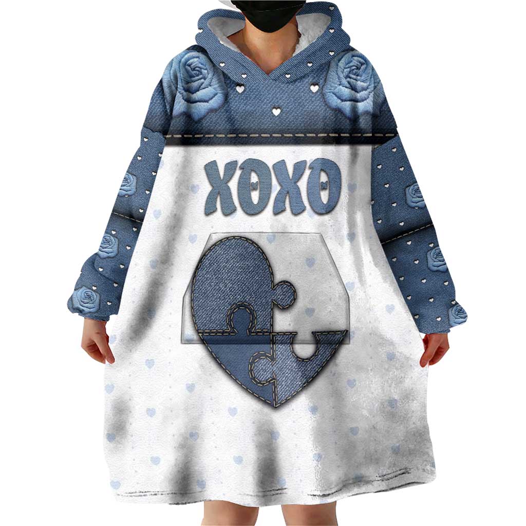 Personalized XOXO Valentine's Day Wearable Blanket Hoodie Pieces Of The Heart Old Denim Fabric Effect