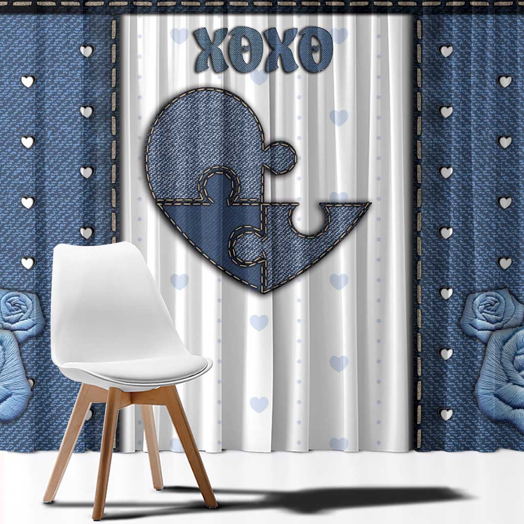 XOXO Valentine's Day Window Curtain Pieces Of The Heart Old Denim Fabric Effect