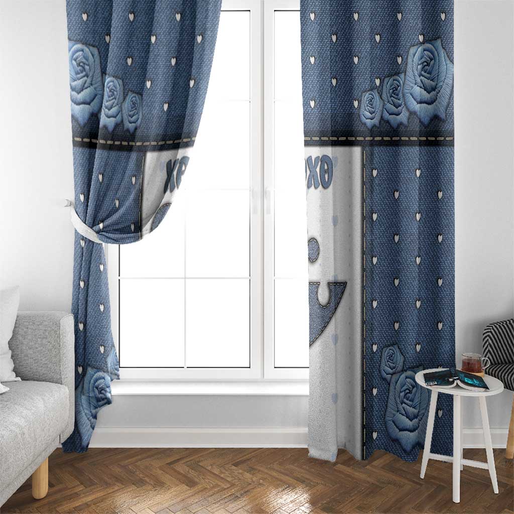 XOXO Valentine's Day Window Curtain Pieces Of The Heart Old Denim Fabric Effect