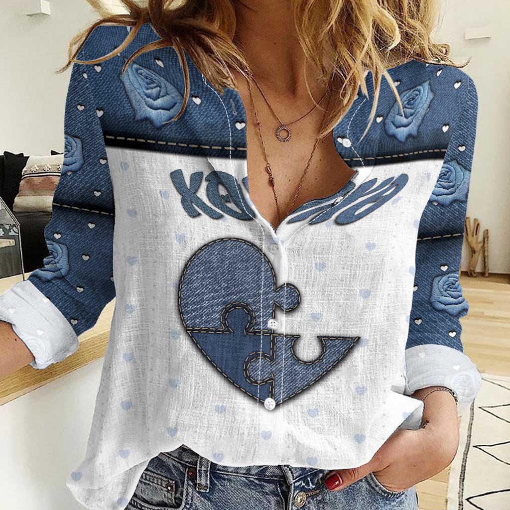 Personalized XOXO Valentine's Day Women Casual Shirt Pieces Of The Heart Old Denim Fabric Effect