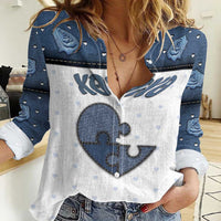 Personalized XOXO Valentine's Day Women Casual Shirt Pieces Of The Heart Old Denim Fabric Effect