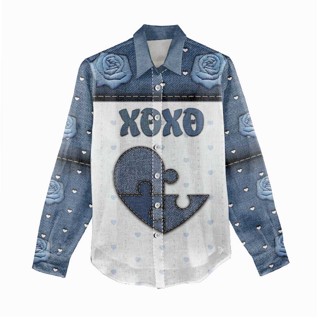 Personalized XOXO Valentine's Day Women Casual Shirt Pieces Of The Heart Old Denim Fabric Effect