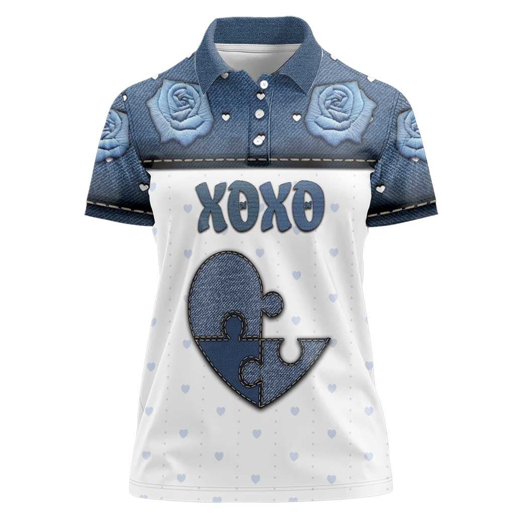 Personalized XOXO Valentine's Day Women Polo Shirt Pieces Of The Heart Old Denim Fabric Effect