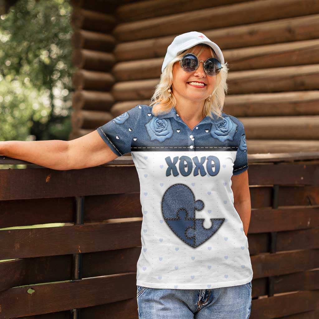 Personalized XOXO Valentine's Day Women Polo Shirt Pieces Of The Heart Old Denim Fabric Effect