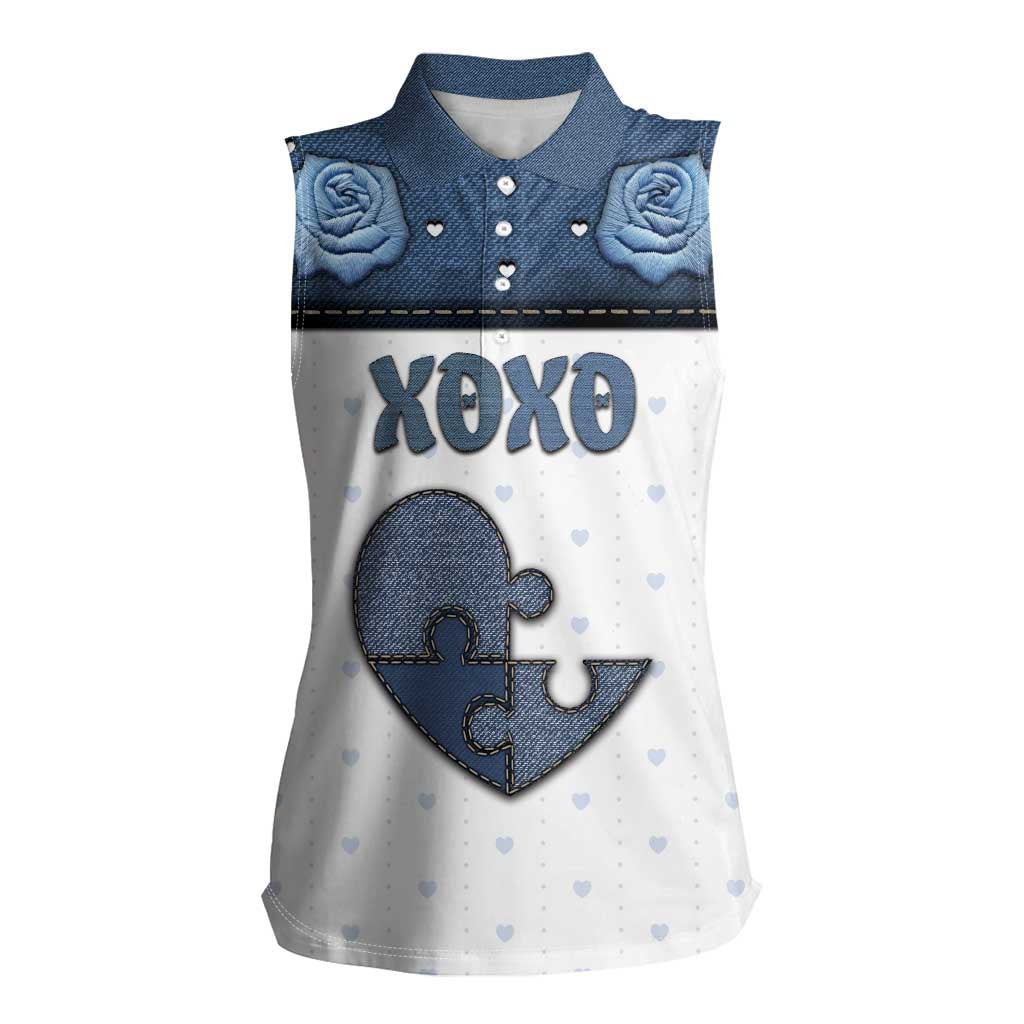Personalized XOXO Valentine's Day Women Sleeveless Polo Shirt Pieces Of The Heart Old Denim Fabric Effect