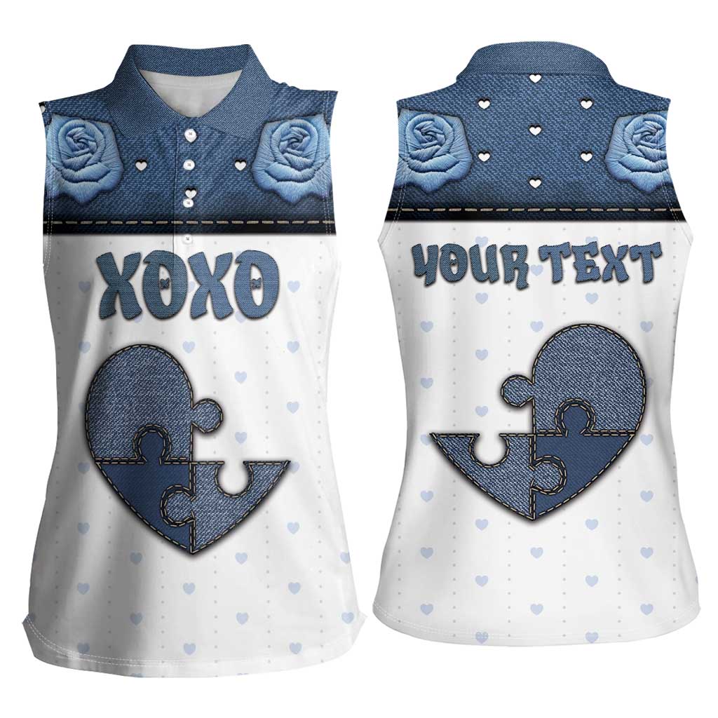 Personalized XOXO Valentine's Day Women Sleeveless Polo Shirt Pieces Of The Heart Old Denim Fabric Effect