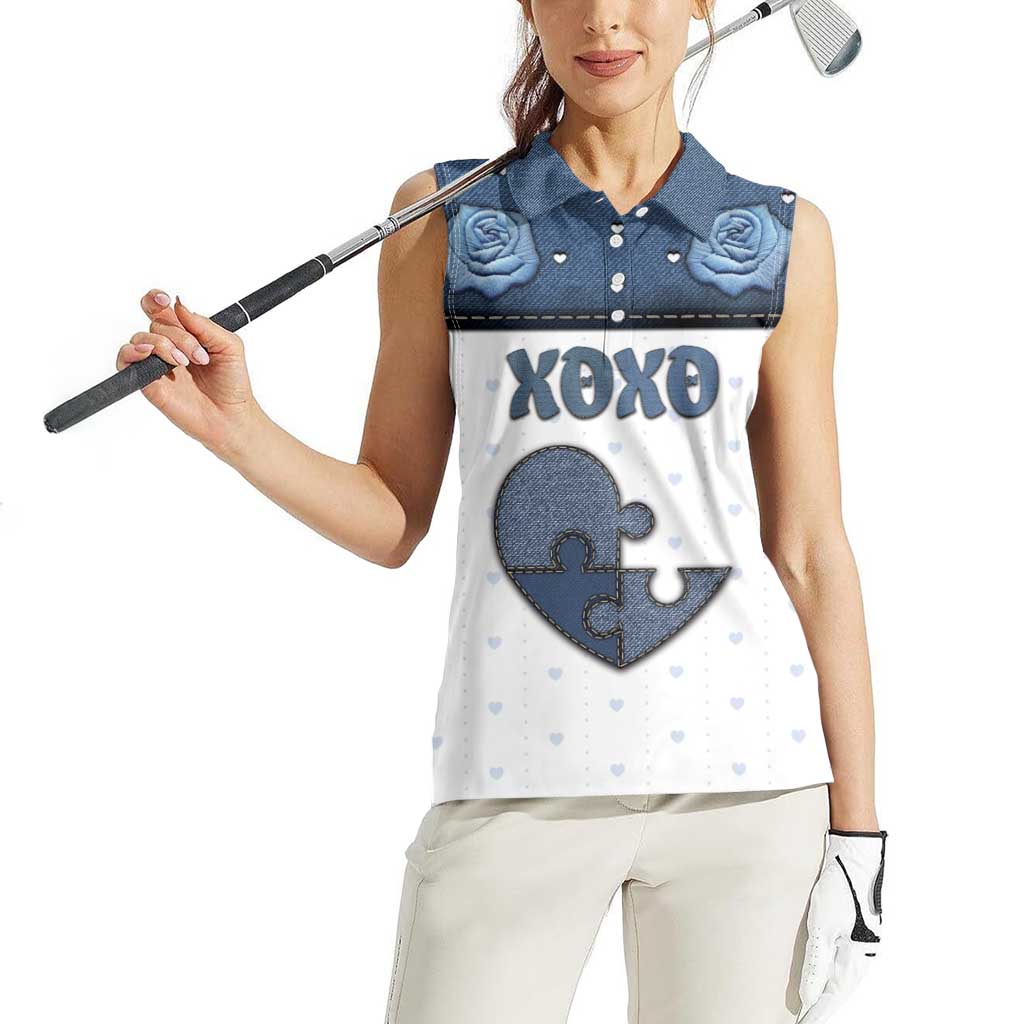 Personalized XOXO Valentine's Day Women Sleeveless Polo Shirt Pieces Of The Heart Old Denim Fabric Effect