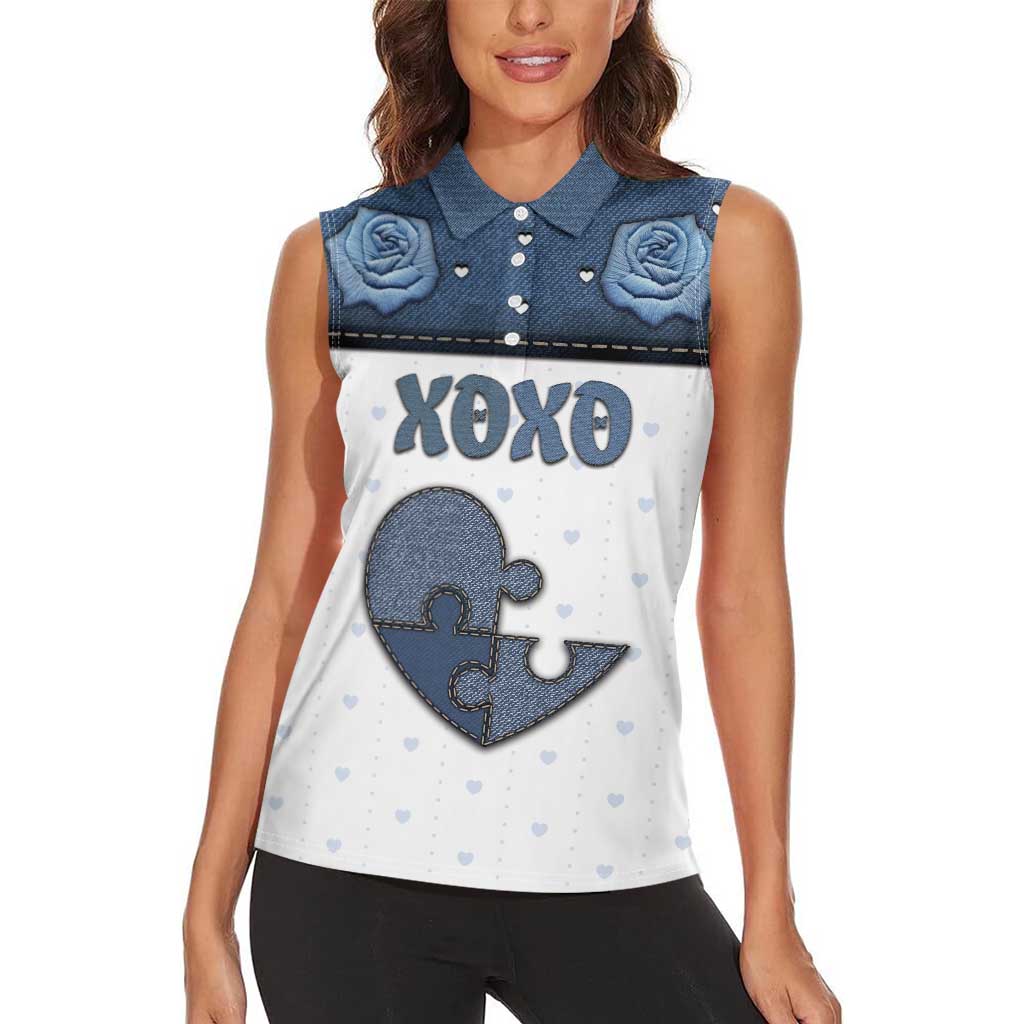 Personalized XOXO Valentine's Day Women Sleeveless Polo Shirt Pieces Of The Heart Old Denim Fabric Effect