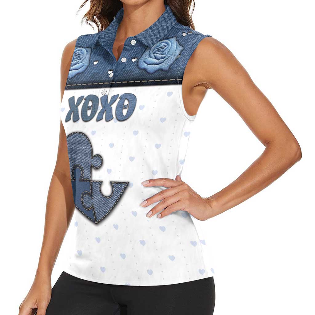 Personalized XOXO Valentine's Day Women Sleeveless Polo Shirt Pieces Of The Heart Old Denim Fabric Effect
