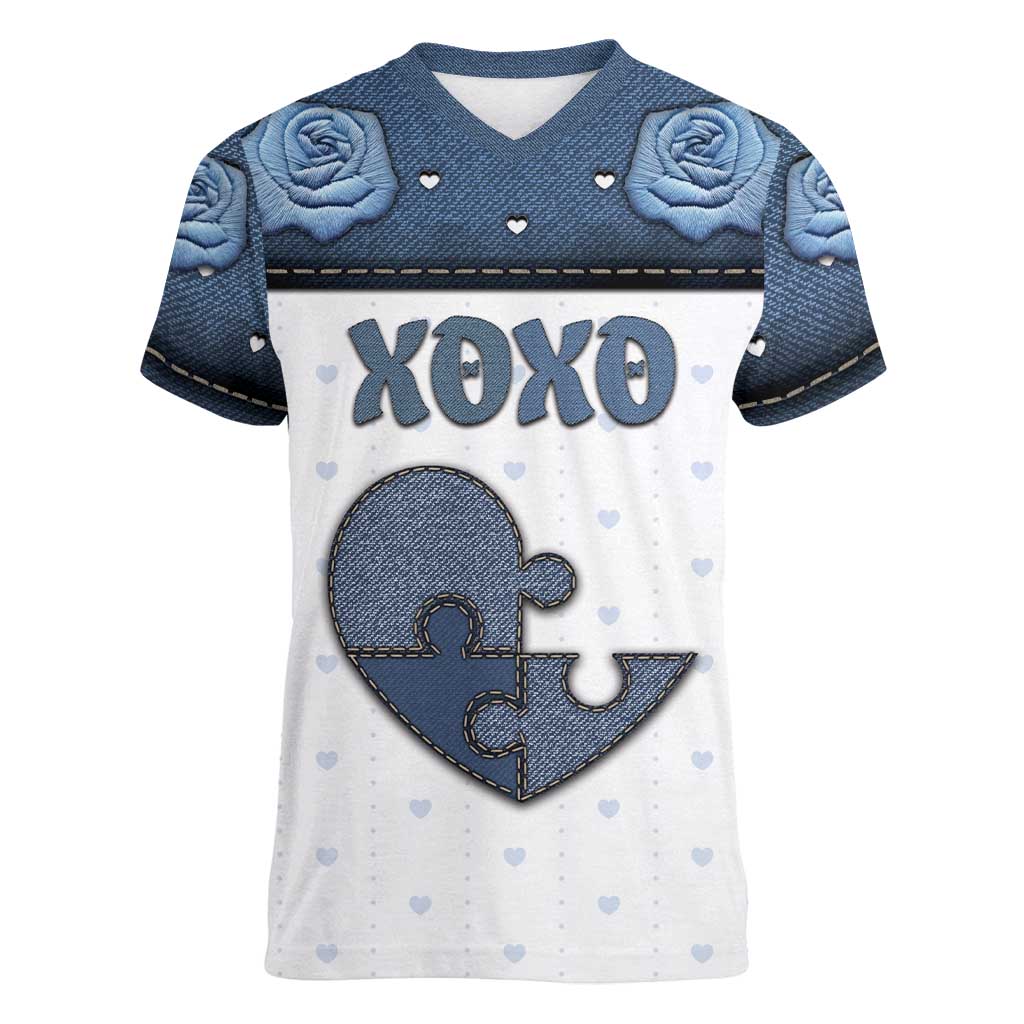 Personalized XOXO Valentine's Day Women V-Neck T-Shirt Pieces Of The Heart Old Denim Fabric Effect