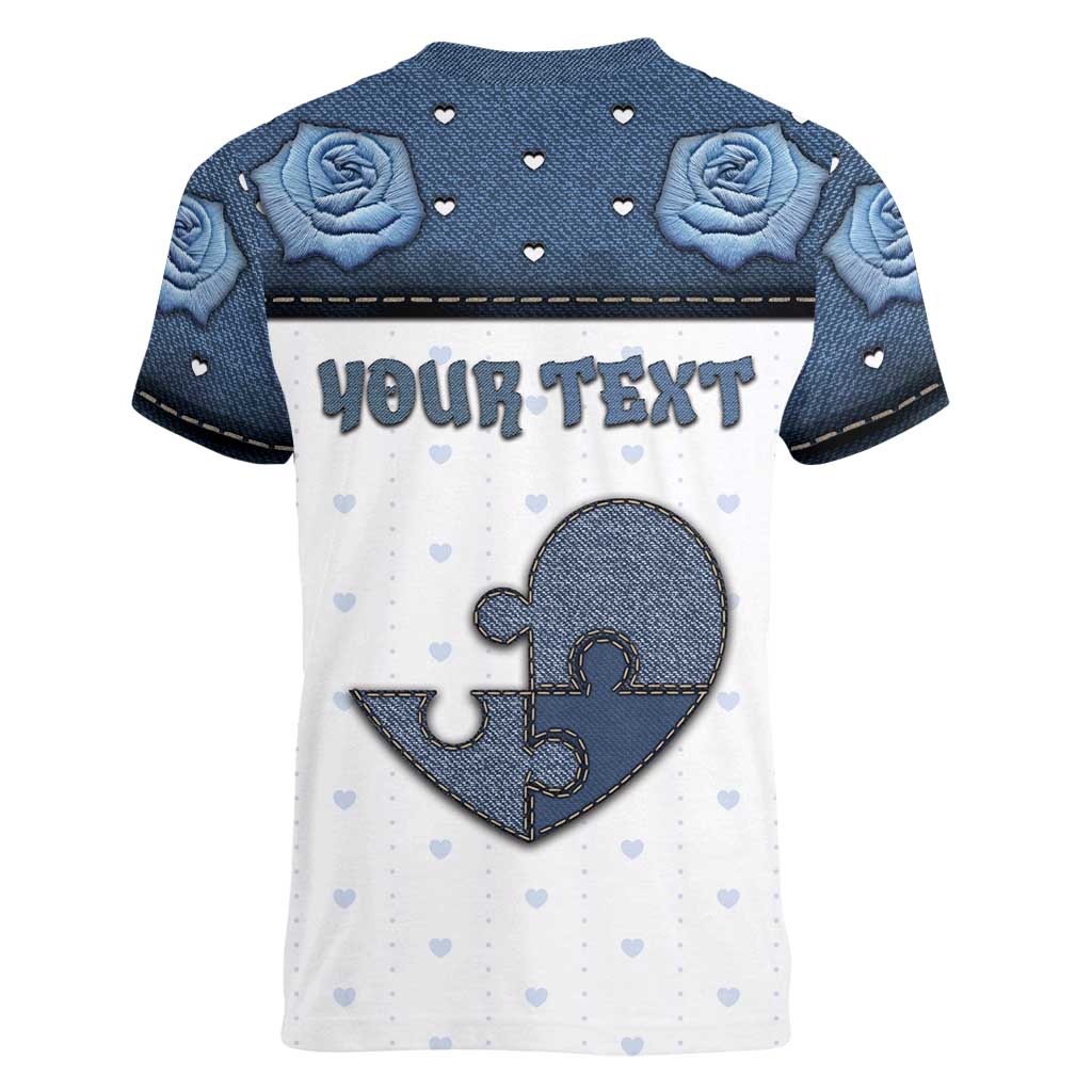 Personalized XOXO Valentine's Day Women V-Neck T-Shirt Pieces Of The Heart Old Denim Fabric Effect
