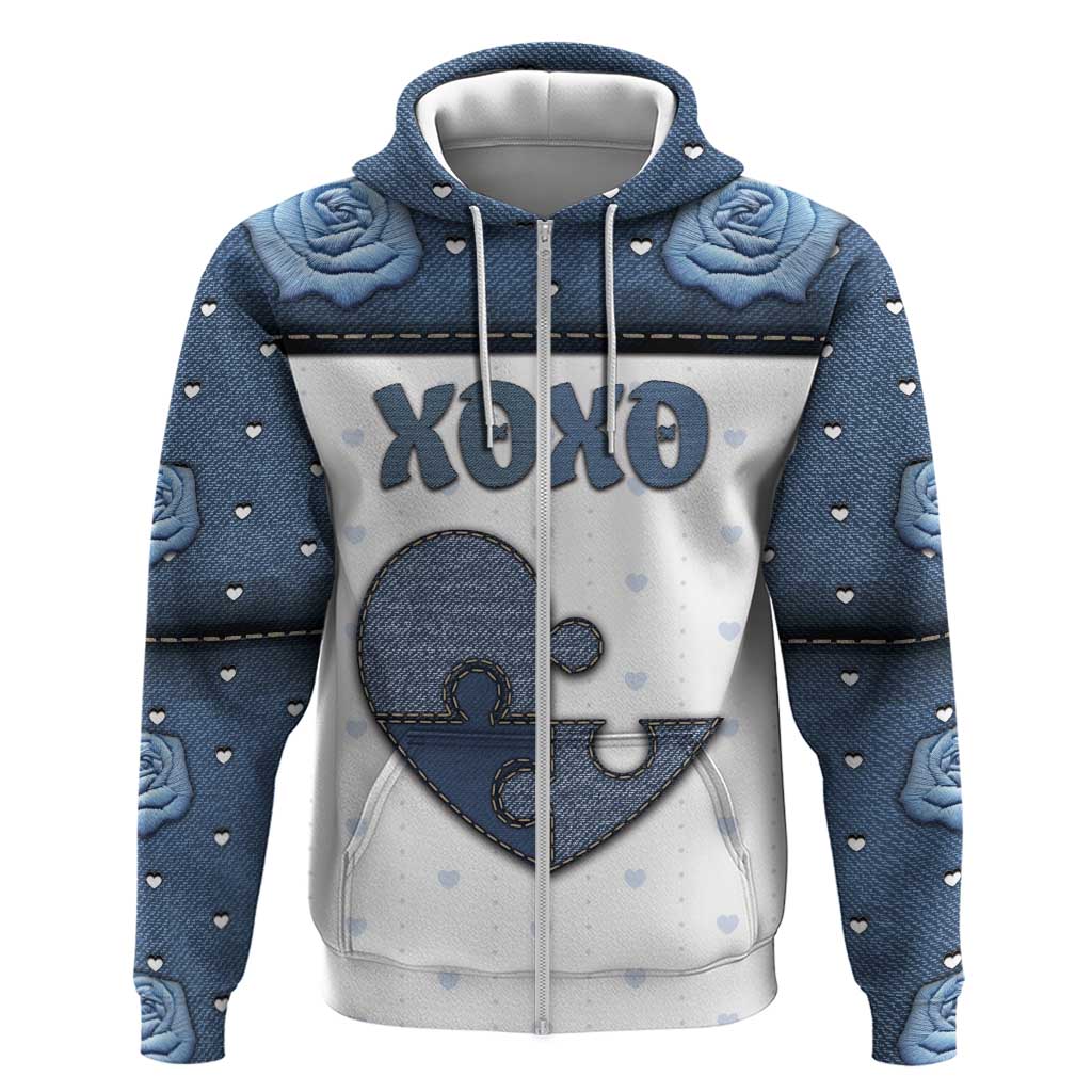 Personalized XOXO Valentine's Day Zip Hoodie Pieces Of The Heart Old Denim Fabric Effect
