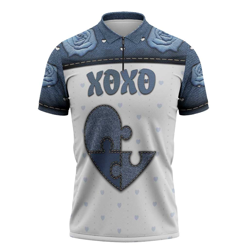 Personalized XOXO Valentine's Day Zipper Polo Shirt Pieces Of The Heart Old Denim Fabric Effect