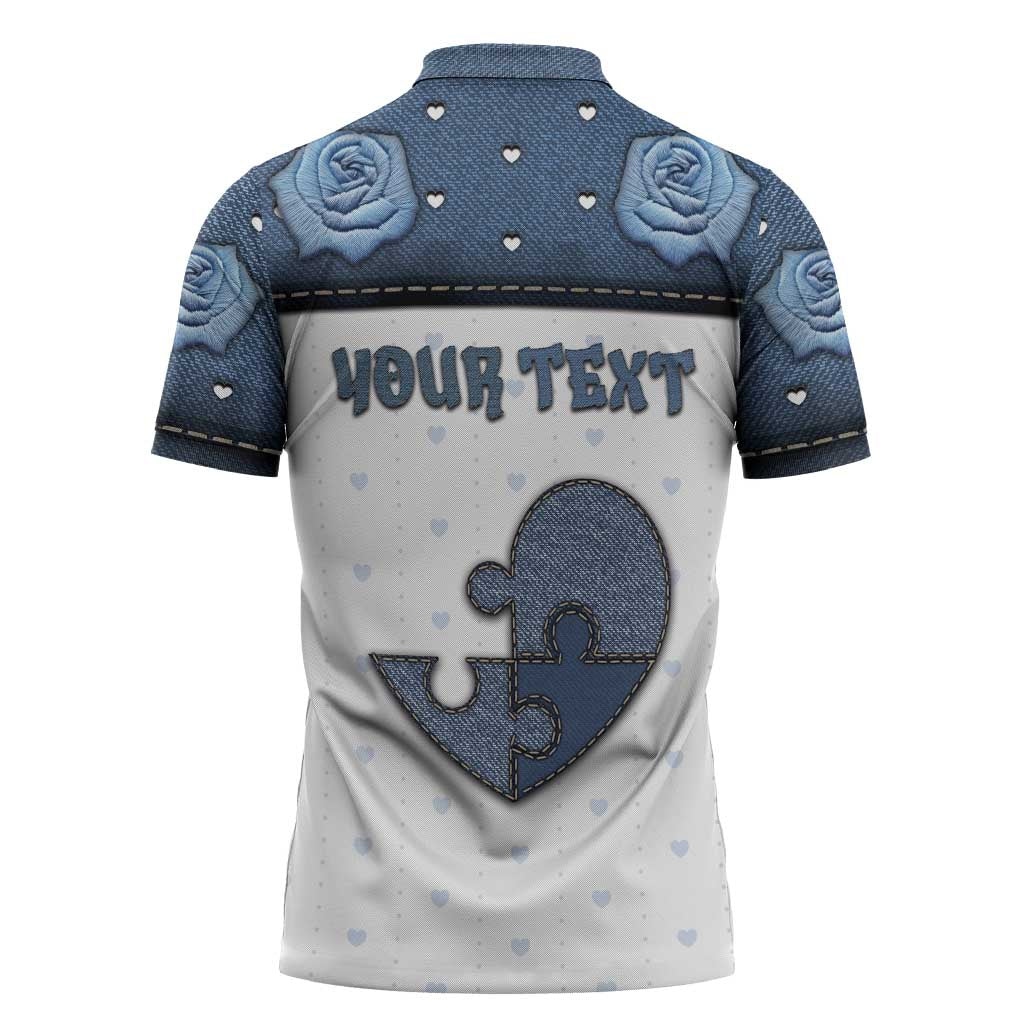 Personalized XOXO Valentine's Day Zipper Polo Shirt Pieces Of The Heart Old Denim Fabric Effect