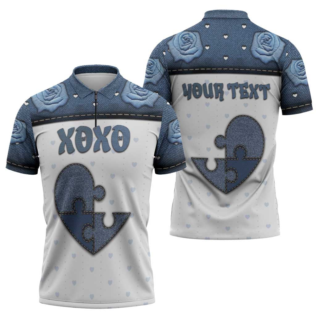 Personalized XOXO Valentine's Day Zipper Polo Shirt Pieces Of The Heart Old Denim Fabric Effect