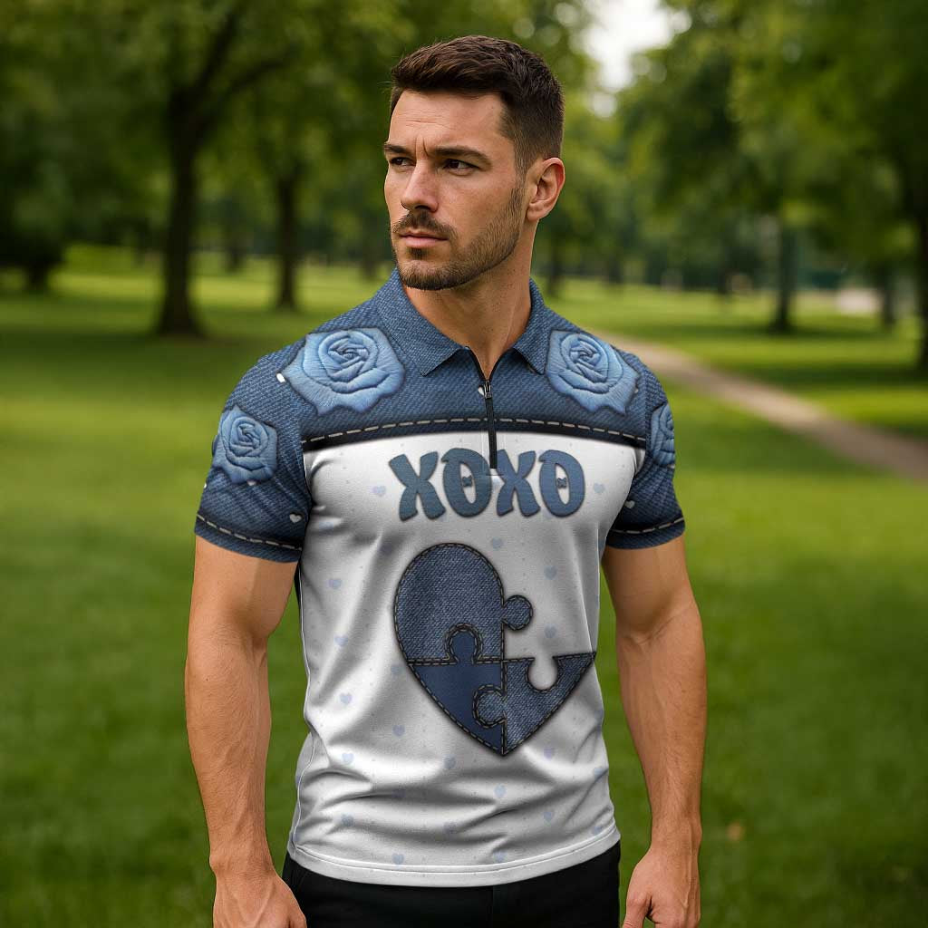 Personalized XOXO Valentine's Day Zipper Polo Shirt Pieces Of The Heart Old Denim Fabric Effect