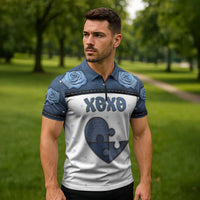 Personalized XOXO Valentine's Day Zipper Polo Shirt Pieces Of The Heart Old Denim Fabric Effect