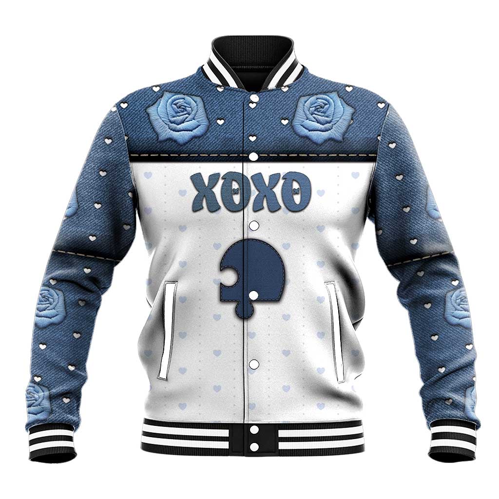 Personalized XOXO Valentine's Day Baseball Jacket Remaining Piece Old Denim Fabric Effect