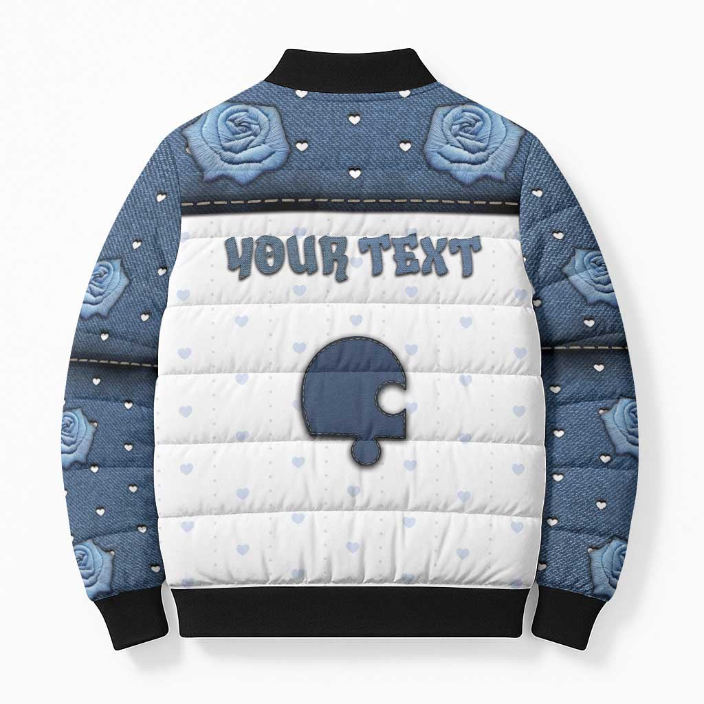 Personalized XOXO Valentine's Day Bomber Puffer Jacket Remaining Piece Old Denim Fabric Effect