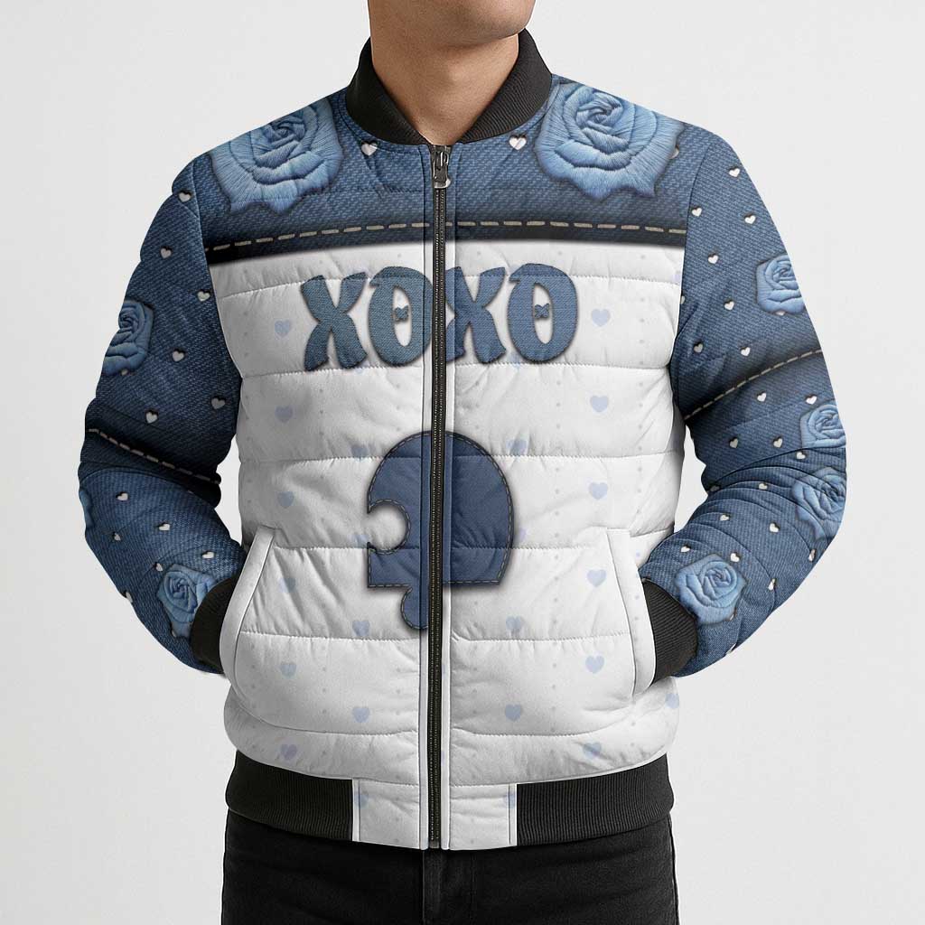 Personalized XOXO Valentine's Day Bomber Puffer Jacket Remaining Piece Old Denim Fabric Effect