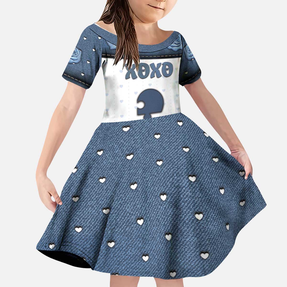 Personalized XOXO Valentine's Day Kid Short Sleeve Dress Remaining Piece Old Denim Fabric Effect