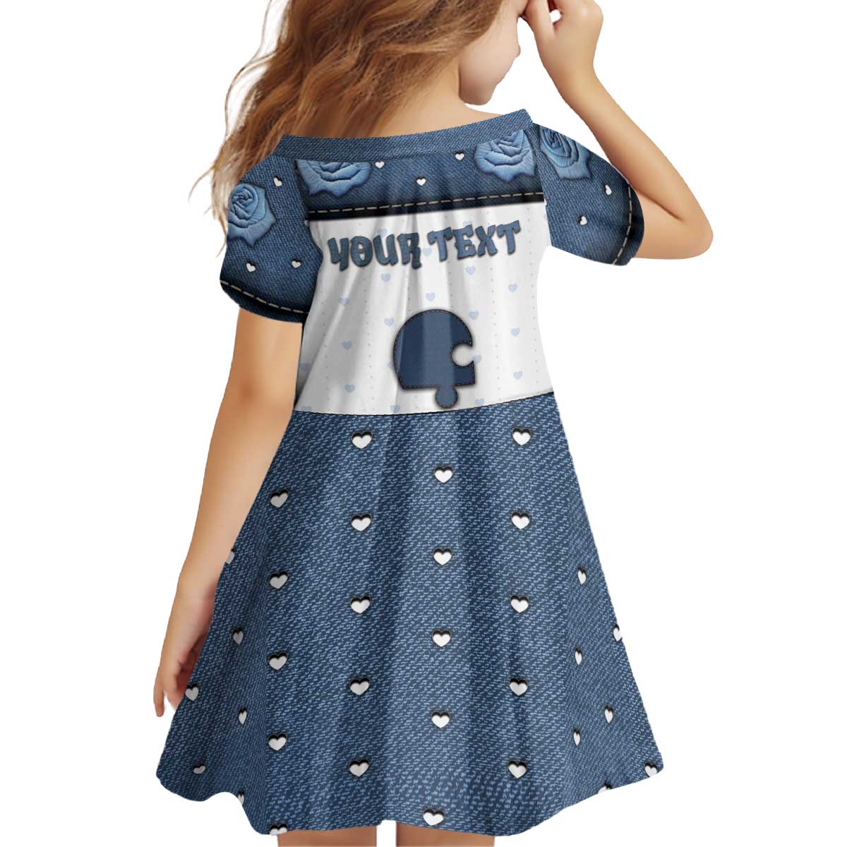 Personalized XOXO Valentine's Day Kid Short Sleeve Dress Remaining Piece Old Denim Fabric Effect