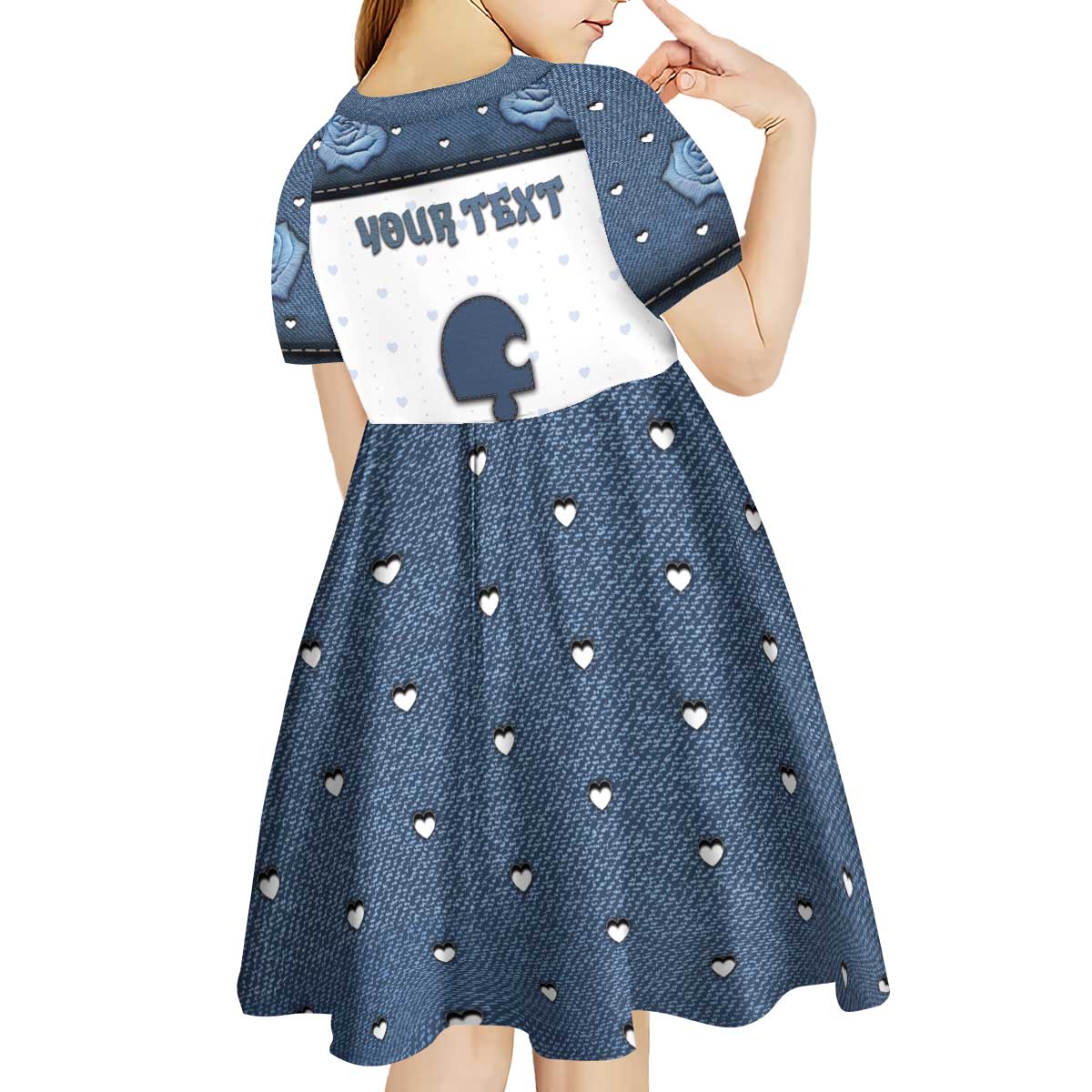 Personalized XOXO Valentine's Day Kid Short Sleeve Dress Remaining Piece Old Denim Fabric Effect