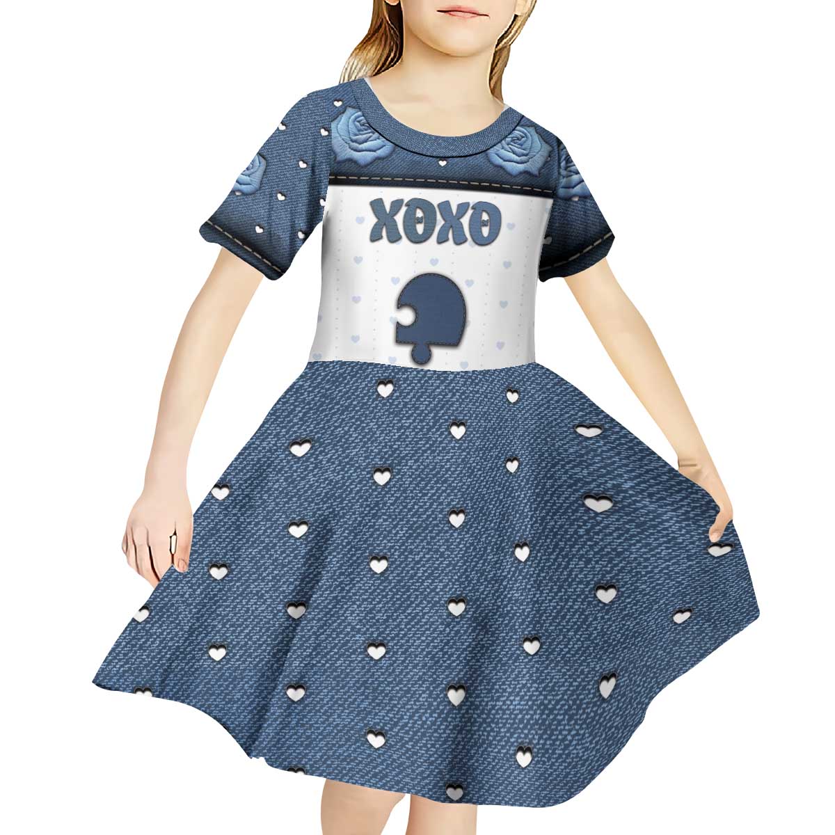 Personalized XOXO Valentine's Day Kid Short Sleeve Dress Remaining Piece Old Denim Fabric Effect