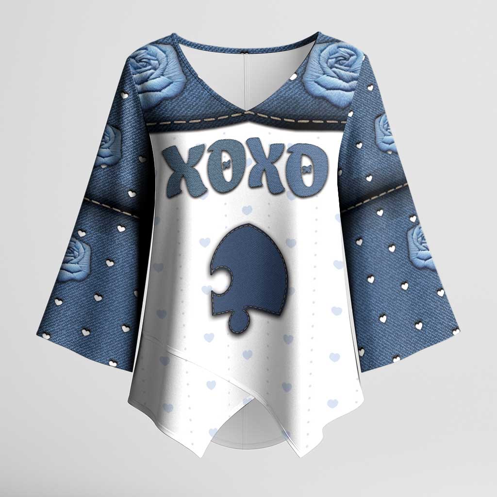 Personalized XOXO Valentine's Day Kimono Sleeve Blouse Remaining Piece Old Denim Fabric Effect