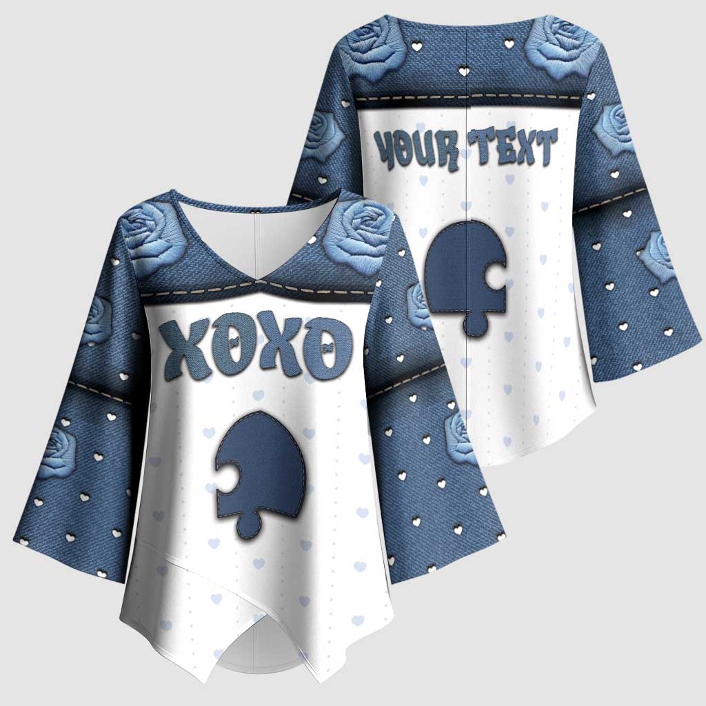 Personalized XOXO Valentine's Day Kimono Sleeve Blouse Remaining Piece Old Denim Fabric Effect