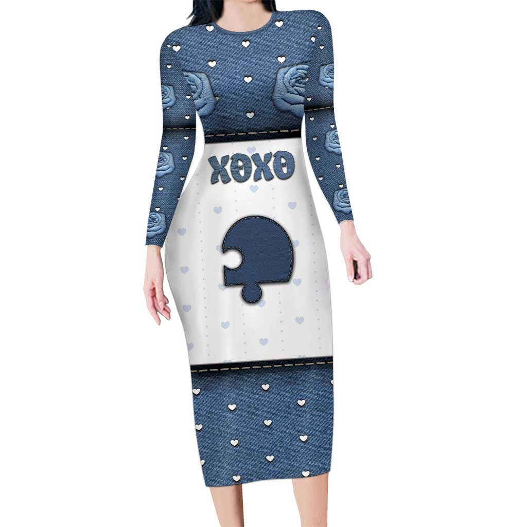 Personalized XOXO Valentine's Day Long Sleeve Bodycon Dress Remaining Piece Old Denim Fabric Effect