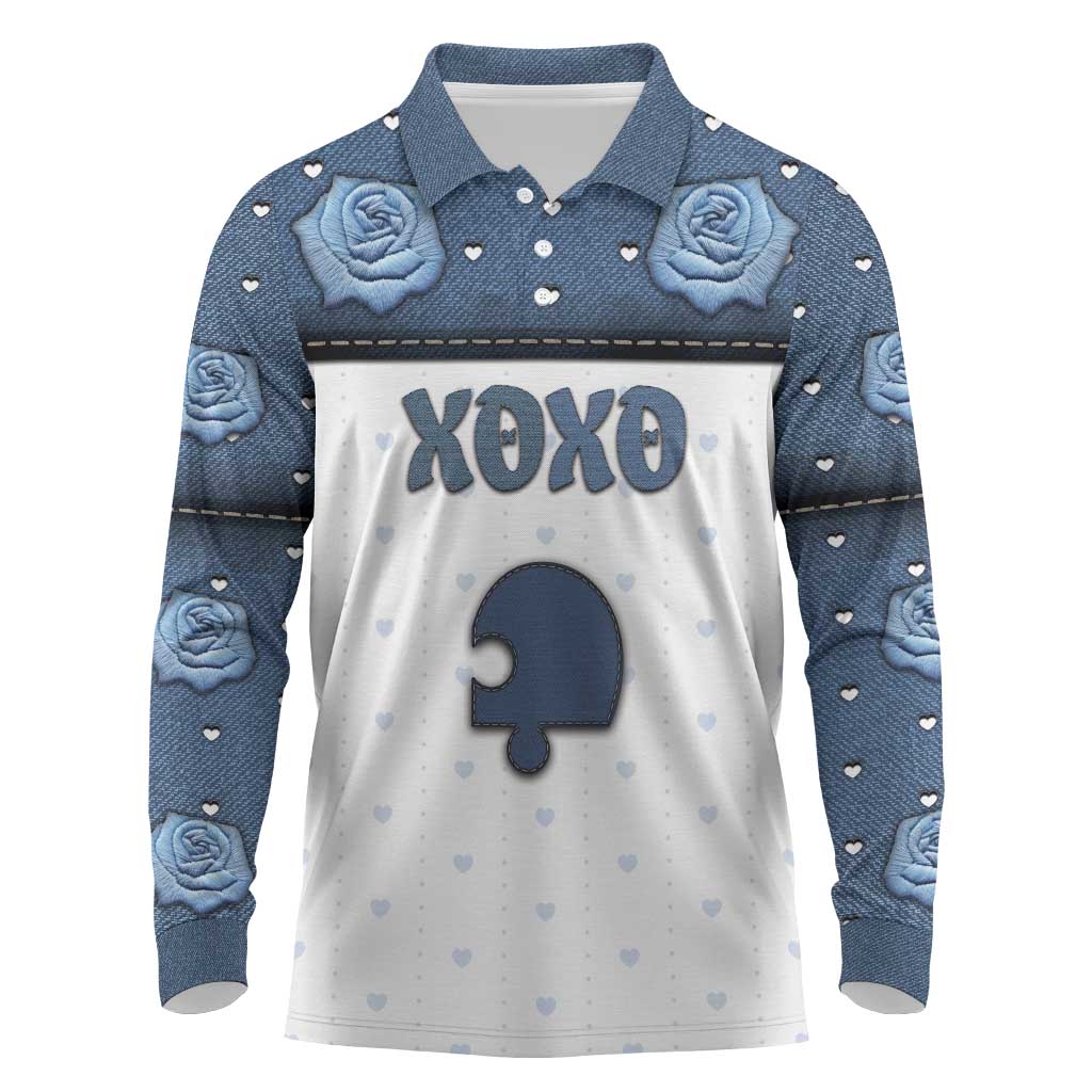 Personalized XOXO Valentine's Day Long Sleeve Polo Shirt Remaining Piece Old Denim Fabric Effect