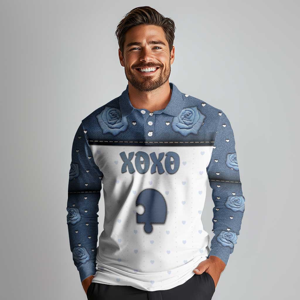 Personalized XOXO Valentine's Day Long Sleeve Polo Shirt Remaining Piece Old Denim Fabric Effect