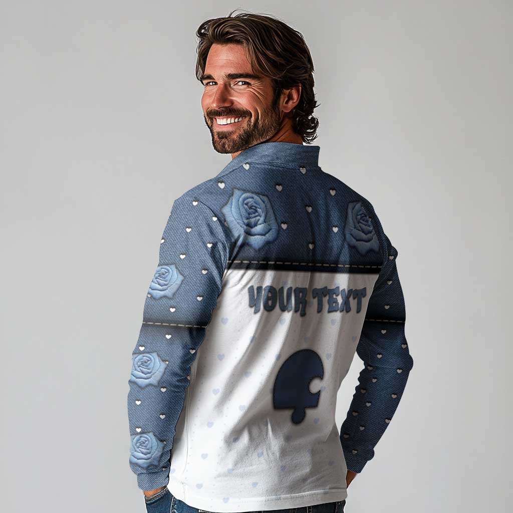 Personalized XOXO Valentine's Day Long Sleeve Polo Shirt Remaining Piece Old Denim Fabric Effect