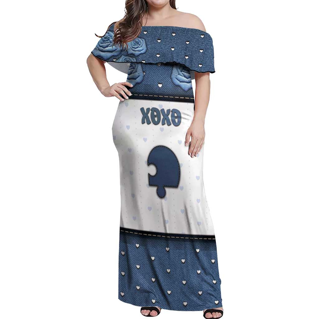 Personalized XOXO Valentine's Day Off Shoulder Maxi Dress Remaining Piece Old Denim Fabric Effect