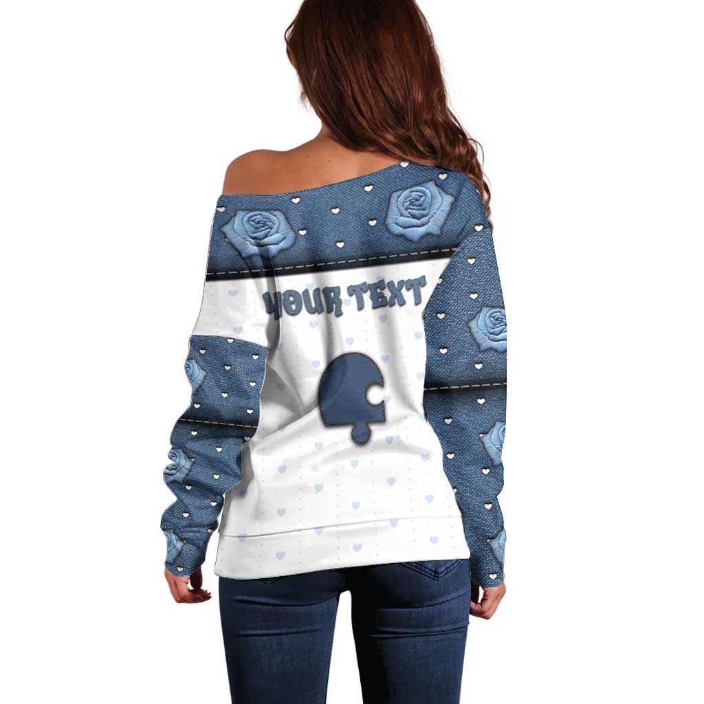 Personalized XOXO Valentine's Day Off Shoulder Sweater Remaining Piece Old Denim Fabric Effect