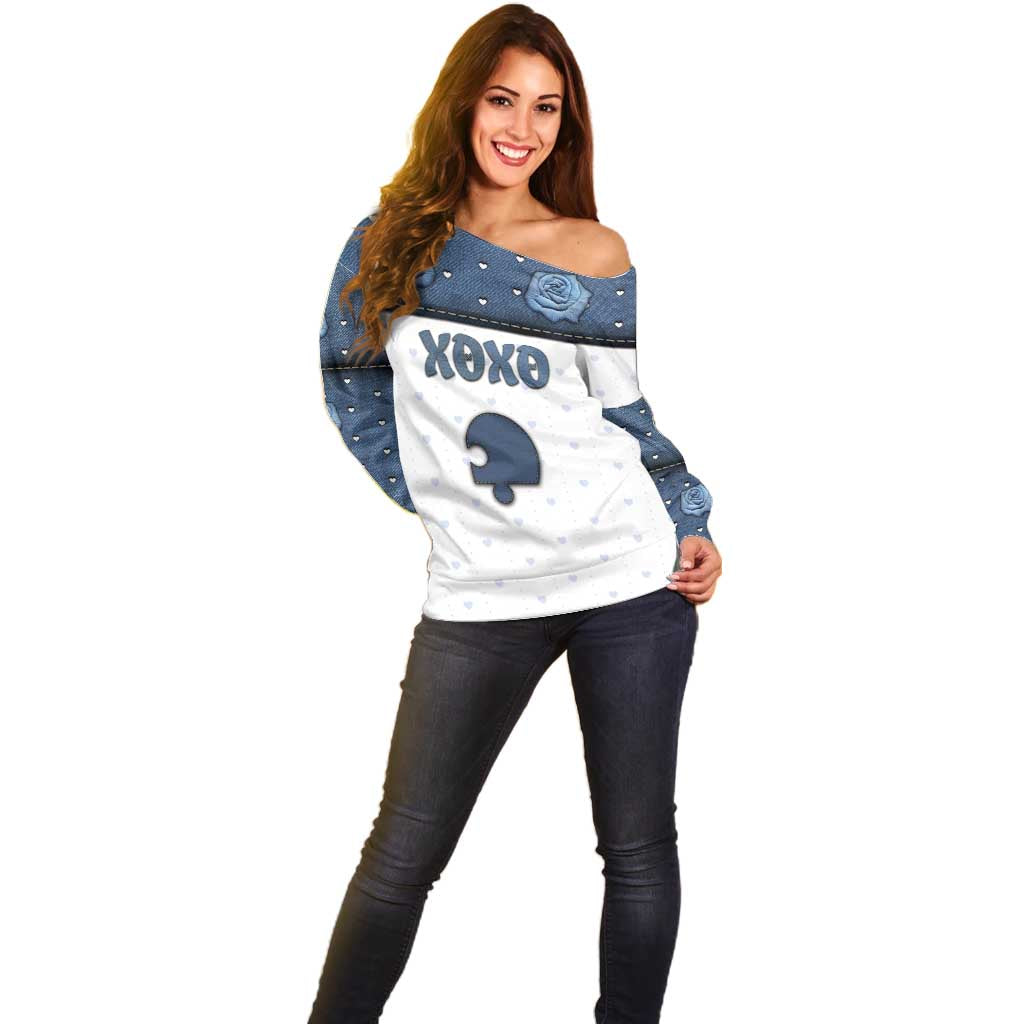 Personalized XOXO Valentine's Day Off Shoulder Sweater Remaining Piece Old Denim Fabric Effect
