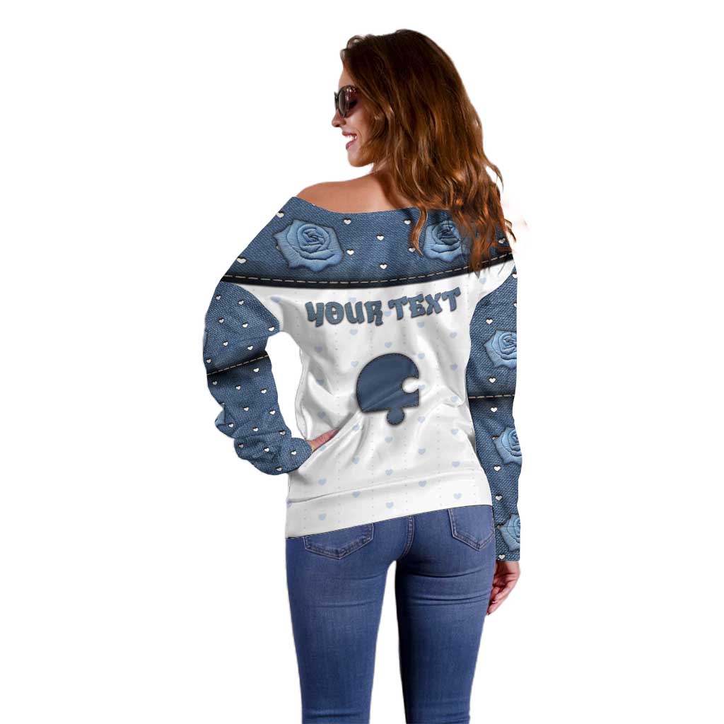 Personalized XOXO Valentine's Day Off Shoulder Sweater Remaining Piece Old Denim Fabric Effect