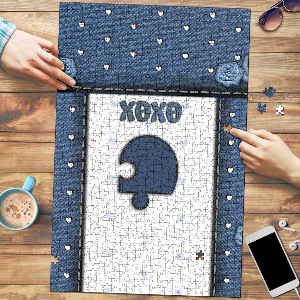 XOXO Valentine's Day Puzzle Remaining Piece Old Denim Fabric Effect