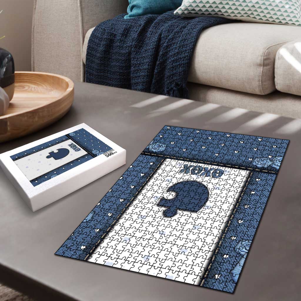 XOXO Valentine's Day Puzzle Remaining Piece Old Denim Fabric Effect