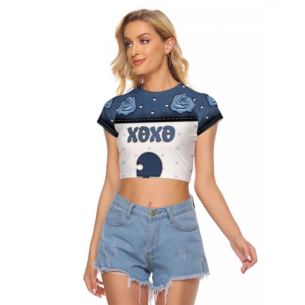 Personalized XOXO Valentine's Day Raglan Cropped T Shirt Remaining Piece Old Denim Fabric Effect