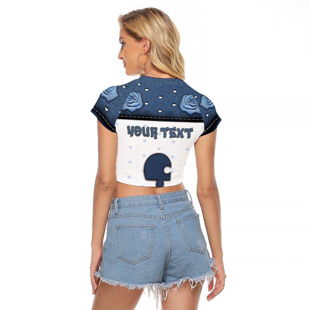 Personalized XOXO Valentine's Day Raglan Cropped T Shirt Remaining Piece Old Denim Fabric Effect