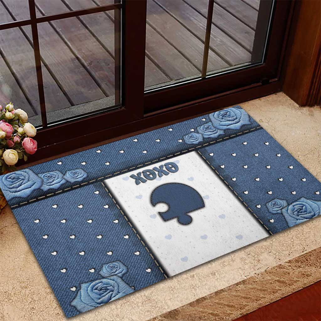 XOXO Valentine's Day Rubber Doormat Remaining Piece Old Denim Fabric Effect